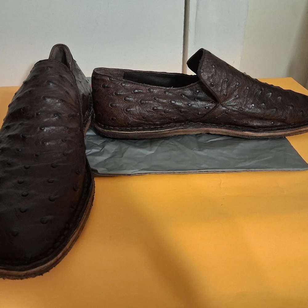 Prada Dark Brown Ostrich Leather Slip-On Loafers